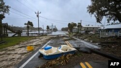 A flooded street is seen near the Steinhatchee marina in Steinhatchee, Florida on August 30, 2023, after Hurricane Idalia made landfall.