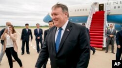 U.S. Secretary of State Mike Pompeo arrives at Sunan International Airport in Pyongyang, North Korea, July 6, 2018. 