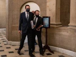 Treasury Secretary Steven Mnuchin arrives at House Speaker Nancy Pelosi's office on Capitol Hill in Washington, Aug. 6, 2020.