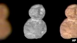 This image made available by NASA on Jan. 2, 2019, shows images with separate color and detail information, and a composited image of both, showing Ultima Thule, about 1 billion miles beyond Pluto. 
