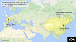 John Kerry will travel to Paris, Ulaanbaatar, and Beijing, June 2-7.