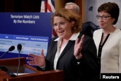 Senator Heidi Heitkamp, a North Dakota Democrat, speaks at a news conference with fellow senators on Capitol Hill, June 21, 2016. The senators were unveiling a compromise proposal on gun control.