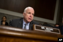 FILE - Sen. John McCain, R-Ariz., speaks on Capitol Hill in Washington, Feb. 9, 2016.