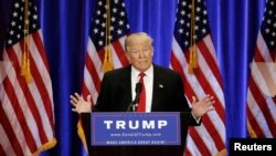 លោក Donald Trump ថ្លែង​សុន្ទរកថា​ក្នុង​ព្រឹត្តិការណ៍​ឃោសនា​នៅ​សណ្ឋាគារ Trump Soho នៅ​ក្នុង​ក្រុង​ញូវយ៉ក កាលពី​ថ្ងៃទី២២ ខែមិថុនា ឆ្នាំ២០១៦។