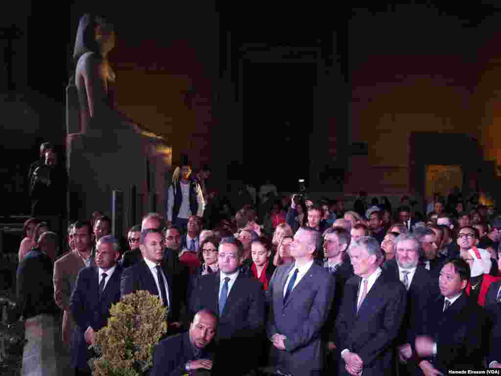 The Egyptian minister of antiquities, foreign ambassadors and culture attaches stand in the garden of the Egyptian Museum before the press conference in Cairo, March 16, 2017. (H. Elrasam/VOA)