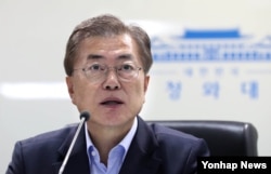 FILE - South Korea's President Moon Jae-in addresses North Korea's ballistic missile launch, Seoul, South Korea, May 14, 2017.