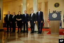 President Barack Obama stands with, from left, Iceland's PM Sigurdur Ingi Johannsson, Denmark's PM Lars Lokke Rasmussen, Norwegian PM Erna Solberg, Sweden's PM Stefan Lofven and Finnish President Sauli Niinisto at the outset of the Nordic summit.