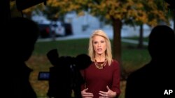 FILE - Counselor to President Donald Trump Kellyanne Conway is interviewed on television at the White House's North Lawn in Washington, Nov. 7, 2018.