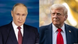 俄罗斯总统普京(左)和美国总统特朗普的照片。