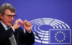 European Parliament President David Sassoli talks during a news conference following the recovery financial plan deal at the EU leaders summit, at the European Parliament in Brussels, July 22, 2020.