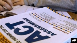 FILE - An ACT assessment test for U.S. college admissions is seen in Springfield, Illinois, April 1, 2014.