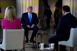 President Donald Trump speaks during a Fox News virtual town hall from the Lincoln Memorial, May 3, 2020, in Washington, co-moderated by FOX News anchors Bret Baier and Martha MacCallum.
