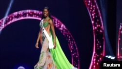 Chidimma Adetshina, representing Nigeria, walks on stage during the 73rd Miss Universe pageant in Mexico City, Nov. 16, 2024. 
