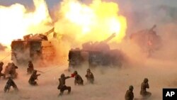 북한 관영매체들이 포병부대 실사격 훈련을 했다며 공개한 영상의 한 장면. (자료사진)