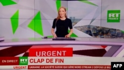 FILE - This file photo taken in Paris on March 2, 2022 shows RT France network last live emission due to a European Union decision after the Russia's invasion of Ukraine. 