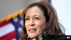 FILE - Vice President Kamala Harris addresses the crowd near the 95th Bridge over the Calumet River, Jan. 4, 2023, in Chicago.