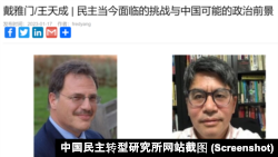 《中国民主季刊》主编王天成专访斯坦福大学教授戴雅门（Larry Diamond）。（中国民主转型研究所网站截图）