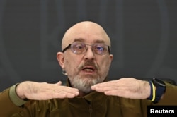 Ukrainian Defense Minister Oleksii Reznikov holds a news conference, in Kyiv, Ukraine, Feb. 5, 2023.