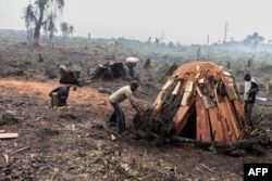 They are struggling to find enough food for their families, so they turned to charcoal production. (Innocent (L), a young internally displaced person (IDP) from Rutshuru, works on a charcoal kiln with his colleagues to provide food for their families at the IDP camp in Kibati, eastern Democratic Republic of Congo, Jan. 13, 2023.)