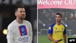 Kombinasi foto yang menunjukkan punggawa PSG, Lionel Messi (kiri), dan Cristiano Ronaldo yang baru berlabuh ke klub Arab Saudi Al Nassr. (Foto: AFP)