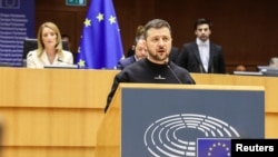 볼로디미르 젤렌스키 우크라이나 대통령이 9일 벨기에 브뤼셀 유럽의회에서 연설했다.