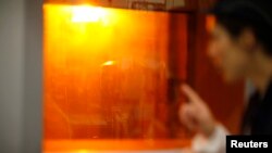 FILE - A worker looks through a thick glass window at part of the treatment of nuclear waste at the Areva Nuclear Plant of La Hague, near Cherbourg, France, April 22, 2015.