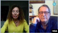 Analistët, Maja Pishçeviç, eksperte nga Beogradi e Këshillit të Atlantikut dhe gazetari Boshko Jakshiç gjatë bisedës me Zërin e Amerikës.