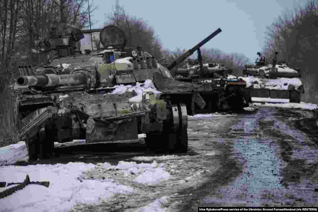Destroyed Russian tanks are seen in the Sumy region, March 7, 2022.