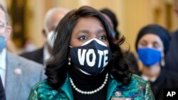 FILE - Rep. Terri Sewell, D-Ala., alongside other members of the Congressional Black Caucus, speaks in front of the Senate chambers about their support of voting rights legislation, at the Capitol in Washington, on Jan. 19, 2022. 