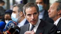 International Atomic Energy Organization, IAEA, Director General Rafael Mariano Grossi speaks during a joint press briefing with head of the Atomic Energy Organization of Iran Mohammad Eslami in Tehran, March 5, 2022. 