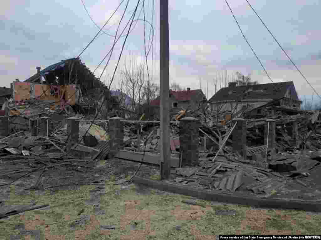 A view shows residential buildings damaged by Russian shelling in Zhytomyr region, Ukraine, March 7, 2022.