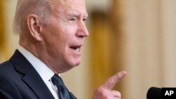 President Joe Biden speaks about Ukraine in the East Room of the White House, Feb. 15, 2022, in Washington.