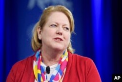 FILE - Ginni Thomas, wife of Supreme Court Justice Clarence Thomas, speaks at the Conservative Political Action Conference (CPAC) in Maryland, Feb. 23, 2017.
