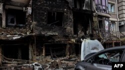 A destroyed building is pictured in Bucha, northwest of Kyiv, on April 2, 2022.
