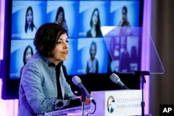 FILE - U.S. Special Envoy Rina Amiri speaks at the State Department in Washington, March 14, 2022.