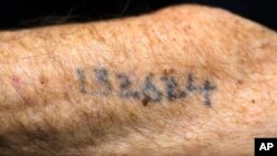 FILE - Auschwitz survivor Leon Schwarzbaum shows his tattooed number to the photographer as he waits to enter the court room for the judgment at the trail against former SS guard Oskar Groening in Lueneburg, Germany, July 15, 2015.