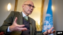 United Nations High Commissioner for Human Rights Volker Tuerk answers Agence France-Presse journalists' questions during an interview at his office in Geneva on Jan. 4, 2023. 