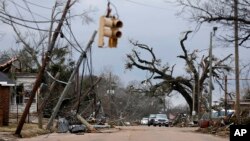 Cars carefully navigate downed trees and power lines on Chestnut Boulevard in Selma, Ala., Jan. 13, 2023, after a tornado passed through the area the day before. 