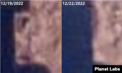 19일(왼쪽)엔 해금강 호텔 하층 지지부위가 확인되지만 22일엔 같은 지점이 텅 빈 모습이다. 사진=Planet Labs