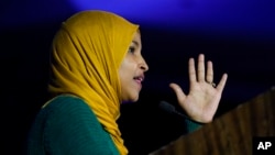 FILE - U.S. Congresswoman Ilhan Omar speaks to a crowd of her constituents in St. Paul, Minnesota, Nov. 9, 2022. The Somalia-born lawmakers is currently on a visit to her native country.