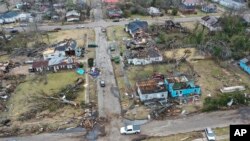 This image taken with a drone shows tornado damage, Jan. 13, 2023, in Selma, Ala., a day after a tornado hit the area. (DroneBase via AP)
