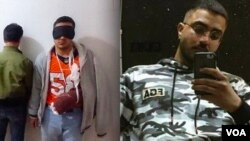 مجید رضا هنرمند (راست)‌ قبل از دستگیری‌ و عکس‌های رسانه‌های حکومت ایران از او بعد از دستگیری