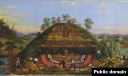 John J. Egan; Huge Mound and the Manner of Opening Them, scene twenty from the Panorama of the Monumental Grandeur of the Mississippi Valley, c.1850; distemper on cotton muslin; Saint Louis Art Museum, Eliza McMillan Trust 34:1953