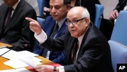 Riyad Mansour, Palestinian representative to the United Nations, speaks during a Security Council meeting at U.N. headquarters, Jan. 5, 2023.