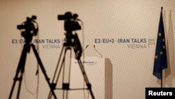 Video cameras set for start of news conference, Vienna International Center, May 14, 2014.