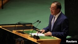 장쥔 유엔주재 중국대사가 8일 안보리 대북 결의 무산과 관련해 열린 유엔 총회에서 발언하고 있다.