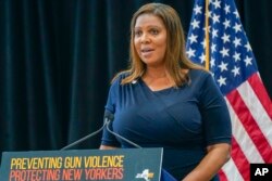 FILE - New York Attorney General Letitia James speaks during a ceremony in New York, June 6, 2022.