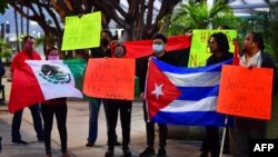 Activists in Los Angeles protest denouncing US President Joe Biden for excluding Cuba, Venezuela and Nicaragua from the Summit of the Americas, on June 2, 2022. The summit is to be held in Los Angeles starting June 6.
