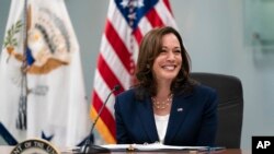 Wakil Presiden AS Kamala Harris tersenyum saat berdiskusi dengan sejumlah tokoh pemuka agama di Los Angeles, pada 6 Juni 2022. (Foto: AP/Jae C. Hong)