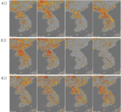 미국 국립해양대기청(NOAA)이 위성사진을 토대로 분석한 한반도 가뭄 지수(Drought index) 분포도의 지난 3개월간 변화. 5월 셋째, 넷째 주를 제외하고 대부분 가뭄 상황이 좋지 않다.